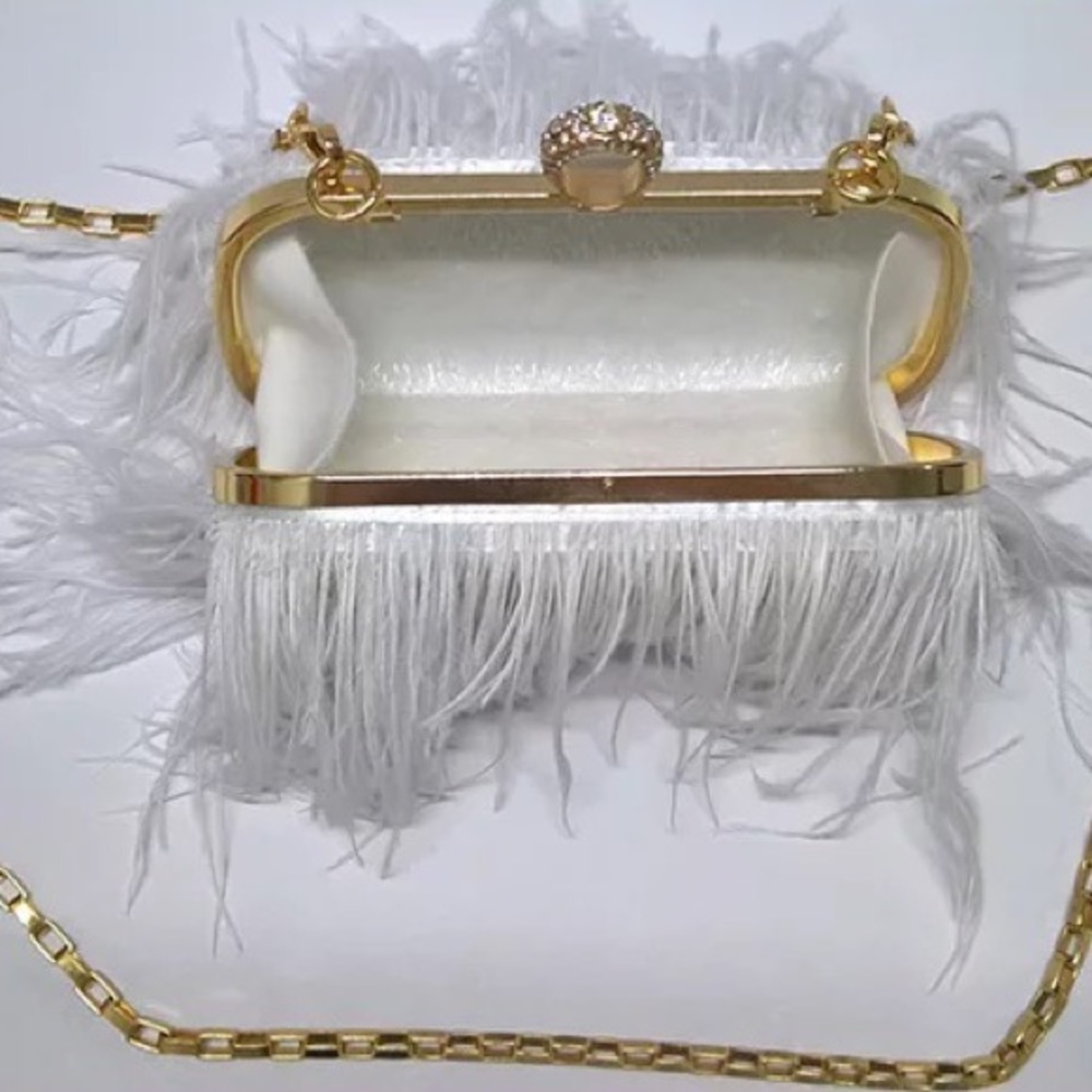 🌸 OSTRICH PURSE FEATHER HARD CLUTCH BAG BOHO CHIC DESIGNER ELITE HANDLE CHAIN - Picture 3 of 12